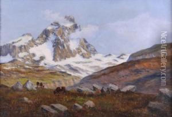 Pascolo In Alta Montagna Con Il Monte Cervino Oil Painting - Leonardo Roda
