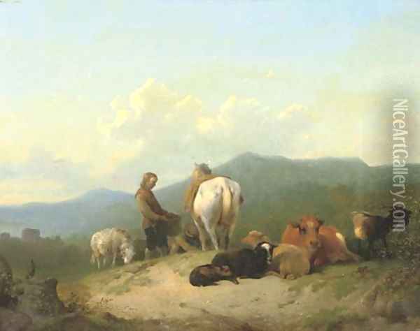 Herdsmen with their cattle on a hilltop Oil Painting - James De Rijk
