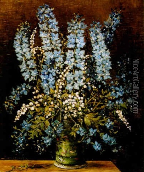 A Still Life Of Delphiniums In A Vase Oil Painting - Hermanus Koekkoek the Younger