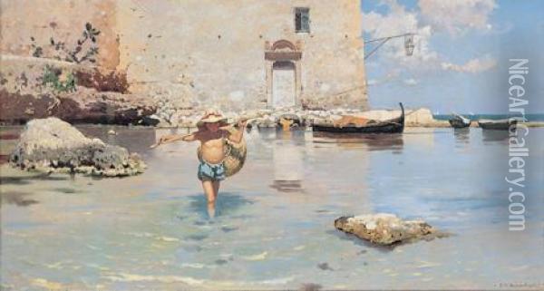 A Young Fisherman In The Shallows Oil Painting - Ettore De Maria-Bergler