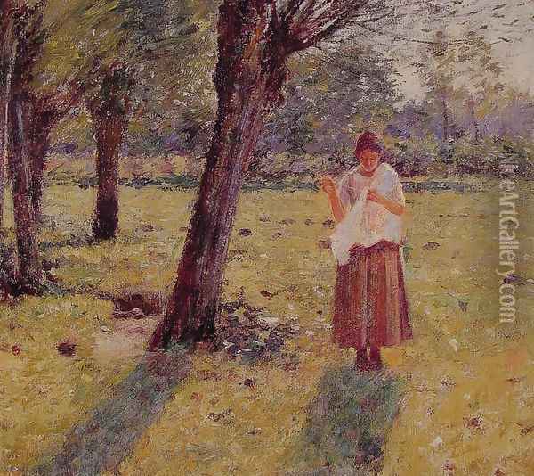 Girl Sewing Oil Painting - Theodore Robinson