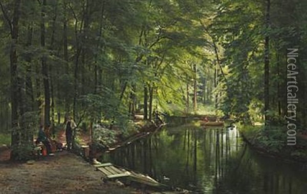 A Stream In The Spring Woods With Two Women In A Rowing Boat. People Are Relaxing Near The Shore Oil Painting - Carl Frederik Peder Aagaard