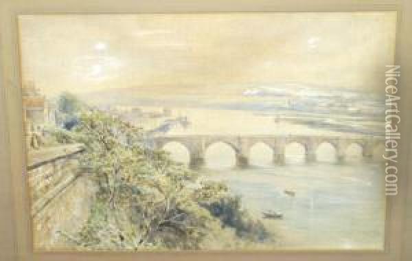 View Of A Bridge And River With 
Figures Beside Cottages Nearby, Possibly A Scene On The Tyne Signed Oil Painting - Robert Jobling