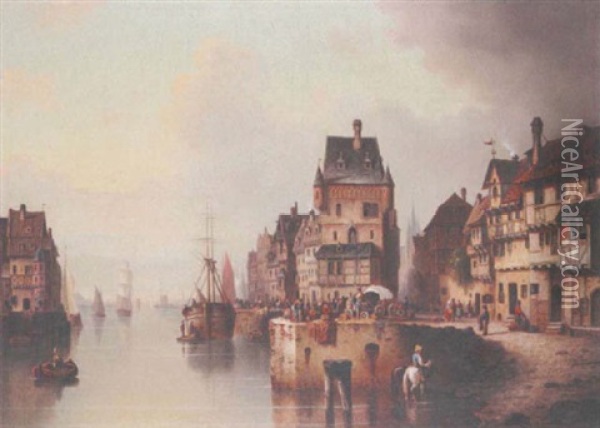 Busy Quay Side, Antwerp Oil Painting - Ludwig Hermann