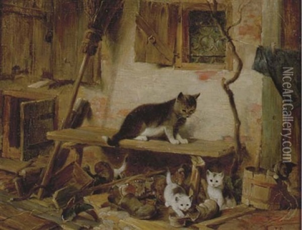 Cat With Kittens At Play Oil Painting - Julius Adam the Younger