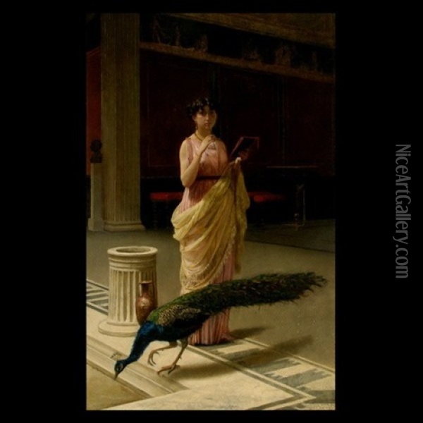 A Portrait Of A Lady With A Peacock In A Roman Interior Oil Painting - Giuseppe Boschetto