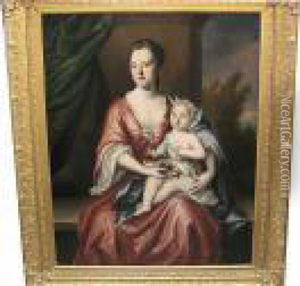 A Portrait Of A Seated Lady In A Red Dress Holding A Child Oil Painting - Michael Dahl