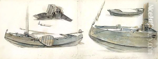 Two Joined Sketchbook Sheets, With Studies Of Boats On Both Sides Oil Painting - Andreas Schelfhout