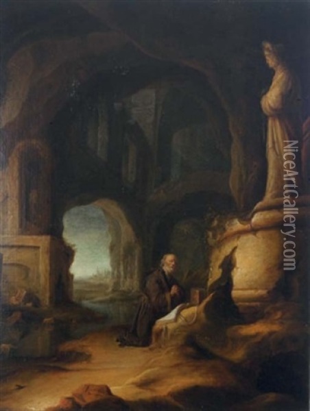 A Hermit At Prayer In A Grotto With Classical Ruins Oil Painting - Jan Adriaensz van Staveren