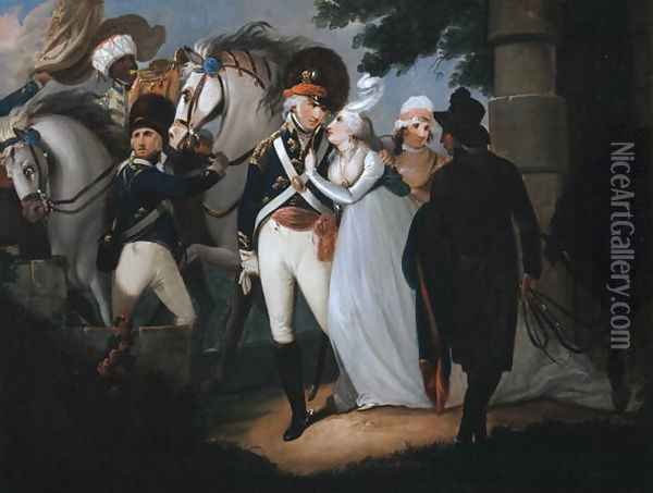 An officer of Light Dragoons taking leave of his wife, c.1795 Oil Painting - Henry Singleton