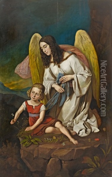 Little Girl With Guardian Angel Oil Painting - Josef von Fuehrich
