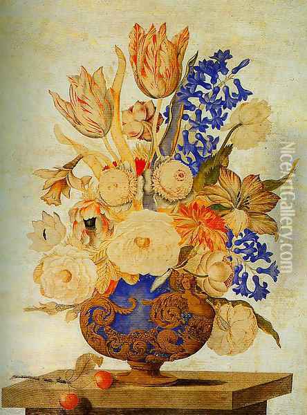 Gilded and Embossed Vase Filled with Snowballs Roses and Tulips Oil Painting - Andrea Scacciati