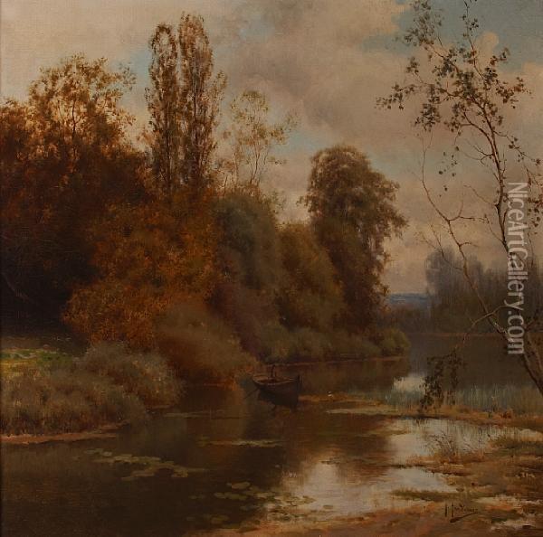 A River Scene With A Figure In A Rowboat Oil Painting - Jose Maria Jardines