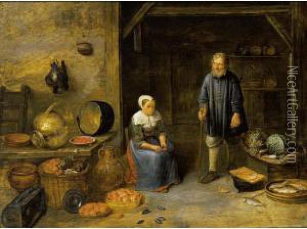 A Barn Interior With A Maid 
Opening Mussels And A Man With A Stick Standing, Together With A Still 
Life Of Vegetables And Fruits In Baskets, Crabs And Other Fish, And Pots
 And Other Stoneware On A Table Oil Painting - Gillis van Tilborgh