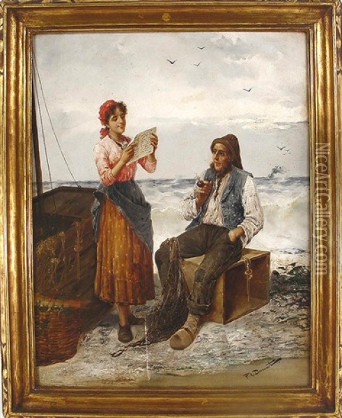 Woman And Fisherman Oil Painting - F. R. Donati