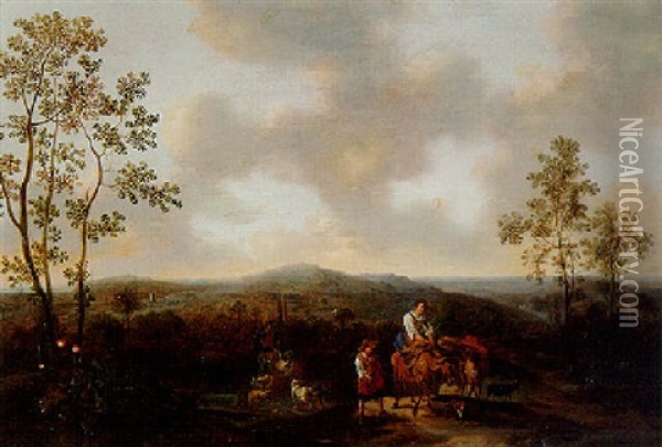 A Landscape With Peasants On A Track, A Drover Fording A Stream With Sheep Beyond Oil Painting - Dirk Dalens the Younger