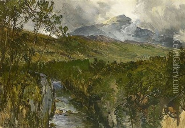 Herbstliche Hugelige Flusslandschaft (+ Skizze Einer Dorflandschaft; Verso) Oil Painting - James B. Dalziel