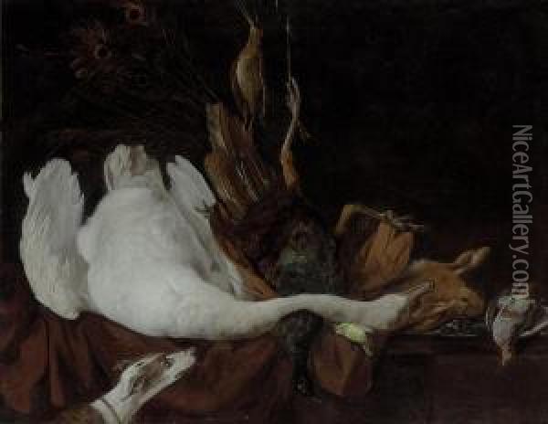 A Swan, A Peacock, A Hare, A Canary And Other Fowl On A Partly-draped Ledge Oil Painting - Elias Vonck