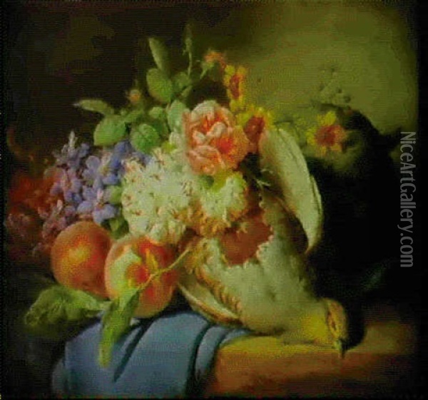 A Still Life With Fruit, Flowers And Dead Game On A Ledge Oil Painting - Josef Lauer