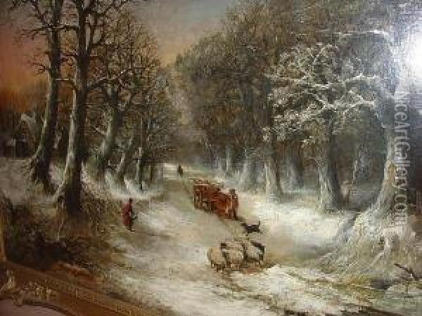 A Tree Lined Road In Winter, With Horse Andwagon And Figures Oil Painting - Charles Leaver
