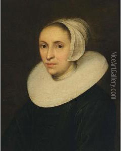 A Portrait Of A Lady, Aged 42, 
Bust Length, Wearing A Black Dress With A White Lace Millstone Collar 
And A White Cap Oil Painting - Jacob Gerritsz. Cuyp