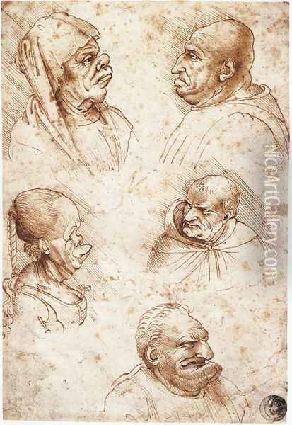 Five Caricature Heads Oil Painting - Leonardo Da Vinci