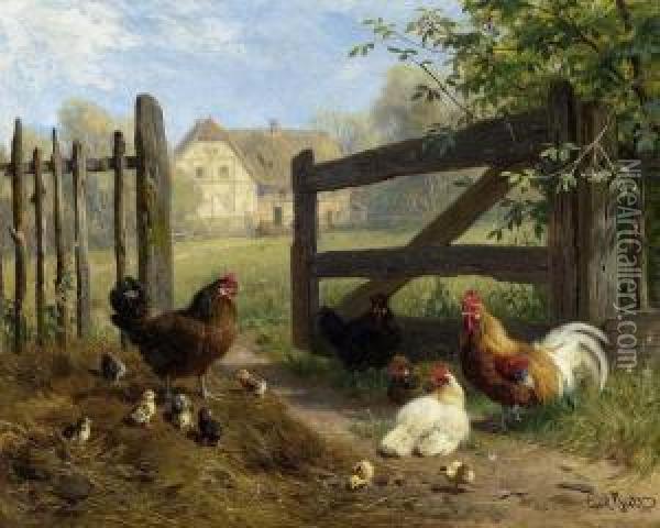 Poultry And Rooster Before A Fence In The Meadow. Oil Painting - Carl Jutz