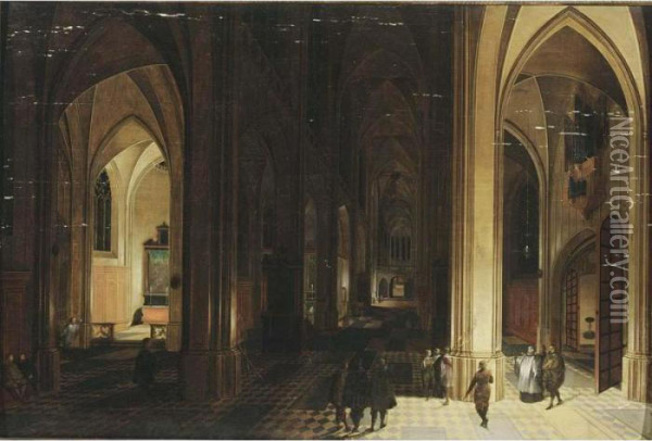 A Church Interior By Night With A Priest And Other Figures By Torchlight Oil Painting - Peeter, the Elder Neeffs
