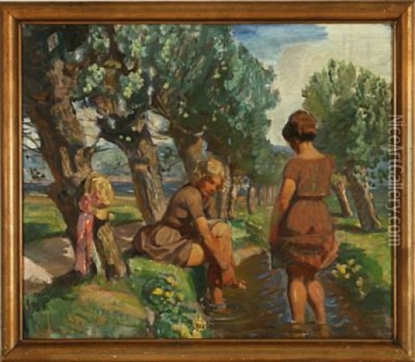 Girl Playing In A Ditch Near Willows Oil Painting - Carl Forup