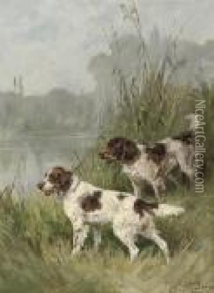 Two English Springer Spaniels On The Watch Oil Painting - Charles Olivier De Penne