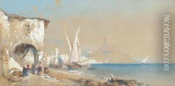Figures On The Neapolitan Coast With Xebecs On The Beach Drying Their Sails Oil Painting - Thomas Charles Leeson Rowbotham