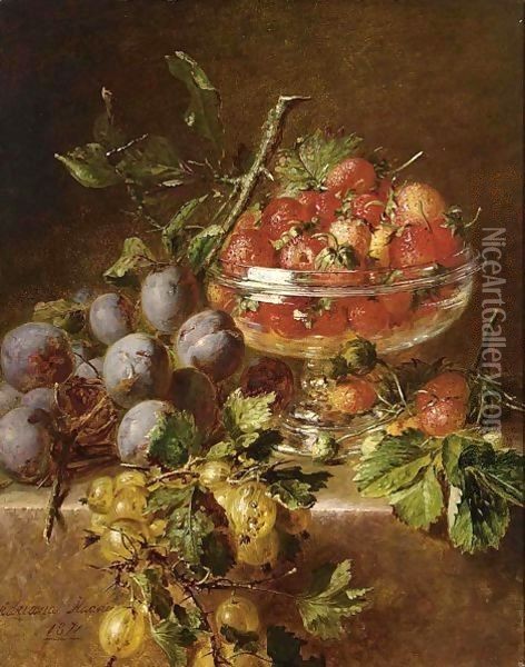 A Still Life With Prunes, Gooseberries And Strawberries In A Bowl Oil Painting - Adriana-Johanna Haanen