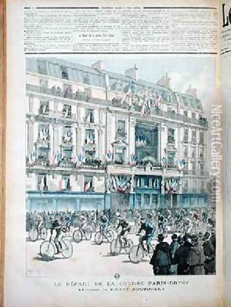 The start of the Paris Brest bicycle race in front of the offices of Le Petit Journal Oil Painting - Fortune Louis Meaulle