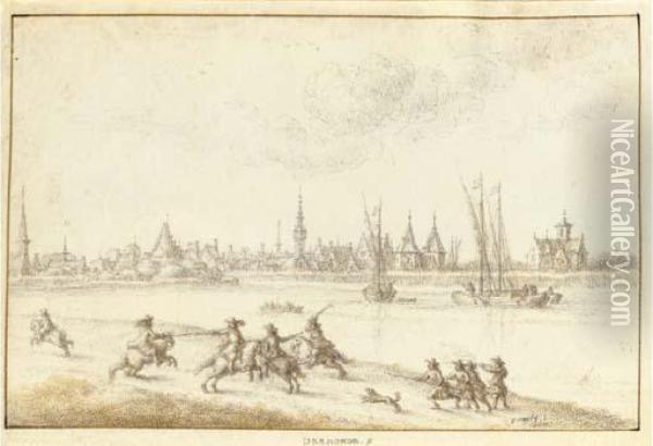 View Of Dendermonde Seen Across The River Schelde, A Cavalryskirmish In The Foreground Oil Painting - Gillis Neyts