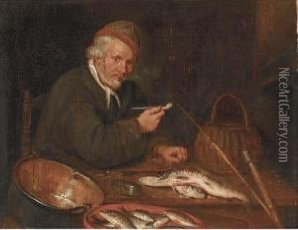 An Angler Smoking A Pipe In An Interior Oil Painting - Quiringh Gerritsz. van Brekelenkam