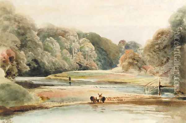River landscape with deer drinking at the water's edge, near Sackbridge Hall and the High Park, Lowther Oil Painting - Peter de Wint