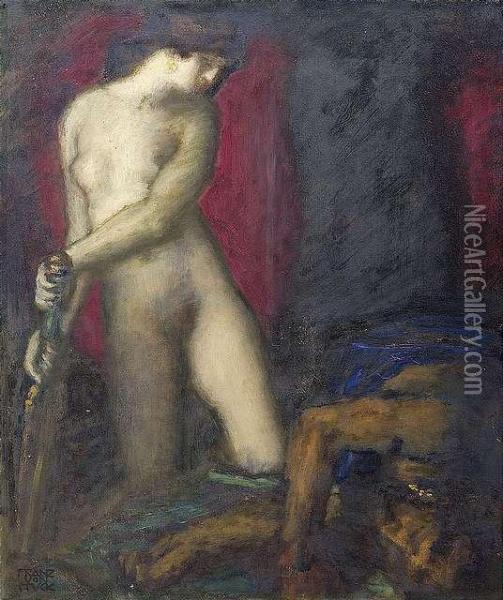 Von: Judith And Holofernes, Ca.1927. Oil On Wood. Signed. Slight Crackle Oil Painting - Franz von Stuck