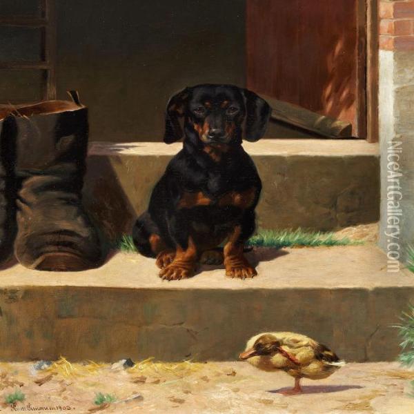 Dachshund And Duckling At A Doorstep Oil Painting - Simon Simonson