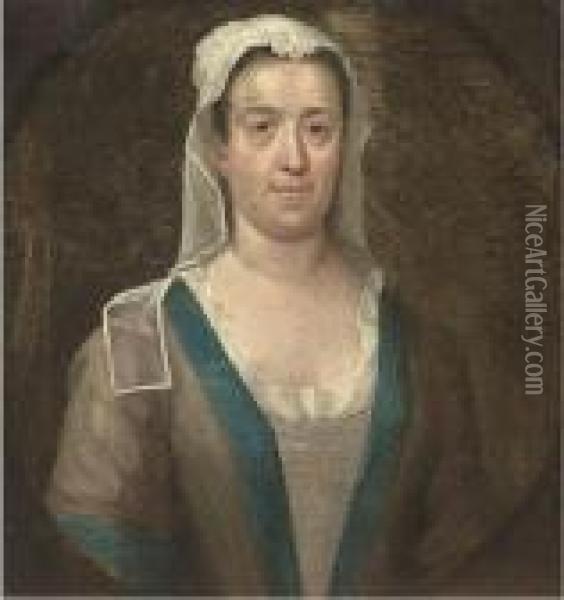 Portrait Of A Maid, Half-length,
 Wearing A Blue And Grey Dress Witha Lace Bonnet, In A Feigned Oval Oil Painting - William Hogarth