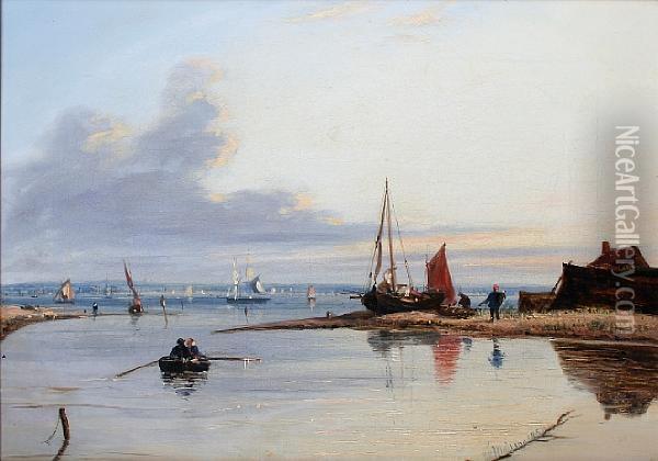A Busy Fishing Estuary In A Calm Oil Painting - Francis Maltino