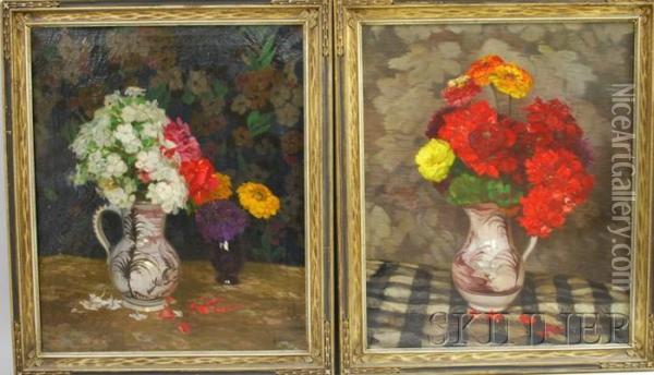 Pair Of Still Lifes Of Summer Flowers Oil Painting - Georg Daubner