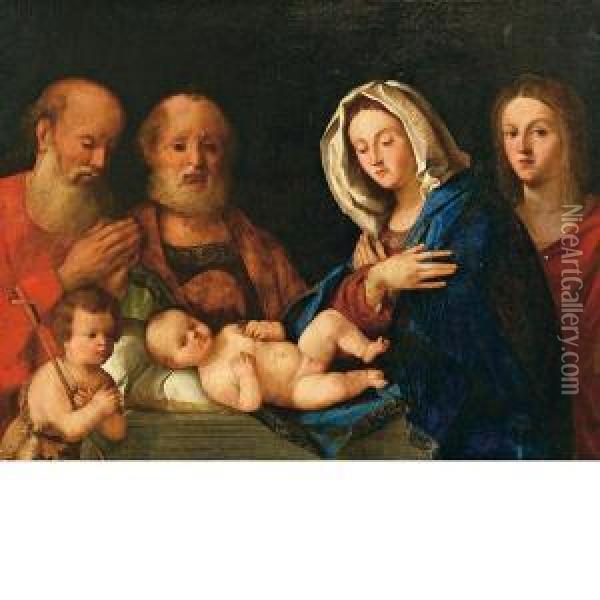 Sacra Famiglia Con I Santi Giovannino, Zaccaria E La Donatrice Oil Painting - Giovanni Marescalco