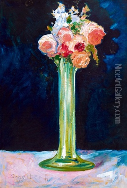Roses In Green Vase Oil Painting - Hugo Scheiber