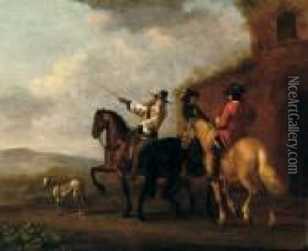 Horsemen With A Dog Outside An Overgrown House Oil Painting - Aelbert Cuyp