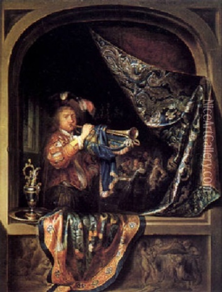 A Trumpeter At A Window Oil Painting - Gerrit Dou