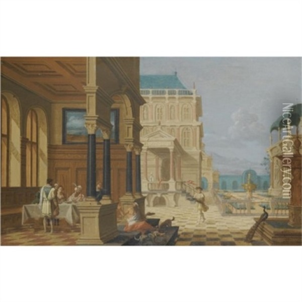 An Architectural Capriccio With Dives And Lazarus Oil Painting - Nicolas de Gyselaer