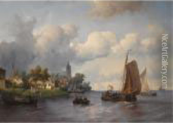 Sailing Ships Near A Town Oil Painting - Salomon Leonardus Verveer