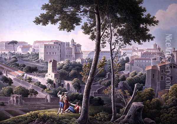 View of the Quirinal Hill in Rome, with the Villa Colonna in the Background, c.1800 Oil Painting - Louis Francois Cassas