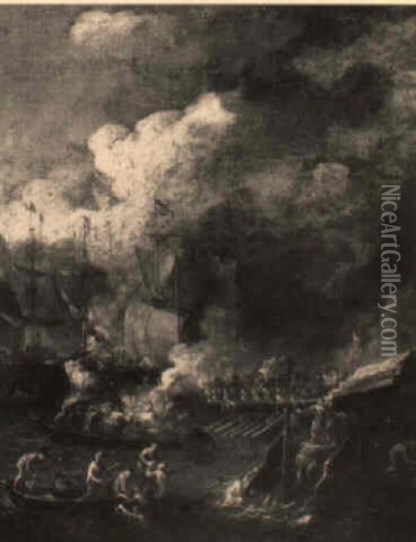 A Naval Engagement Oil Painting - Caspar van Eyck