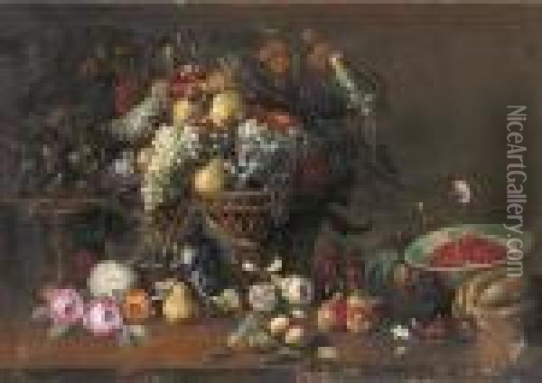 Pears, Grapes, Plums, Apricots 
And Other Fruit And A Parrot In Abasket, Figs On A Silver Tazza, 
Cherries In A Porcelain Bowl Withother Fruit And Flowers On A Wooden 
Ledge Oil Painting - Abraham Brueghel